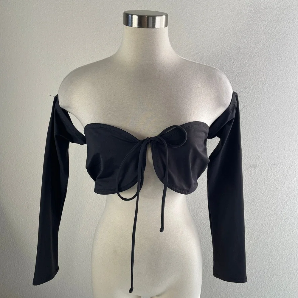 NEW SKIMS Womens XL Recycled Swim‎ Long Sleeve Bikini Top Onyx Black TP-LSL-2791